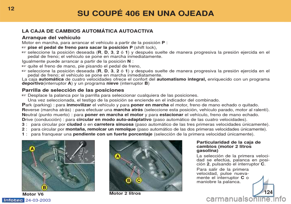 Peugeot 406 C 2003 Manual del propietario (in Spanish) 24-03-2003
Arranque del vehículoMotor en marcha, para arrancar el veh’culo a partir de la posici—n P:
☞ pise el pedal de freno para sacar la posición P (shift lock),
☞ seleccione la posici Peugeot 406 C 2003 Manual del propietario (in Spanish) 24-03-2003
Arranque del vehículoMotor en marcha, para arrancar el veh’culo a partir de la posici—n P:
☞ pise el pedal de freno para sacar la posición P (shift lock),
☞ seleccione la posici
