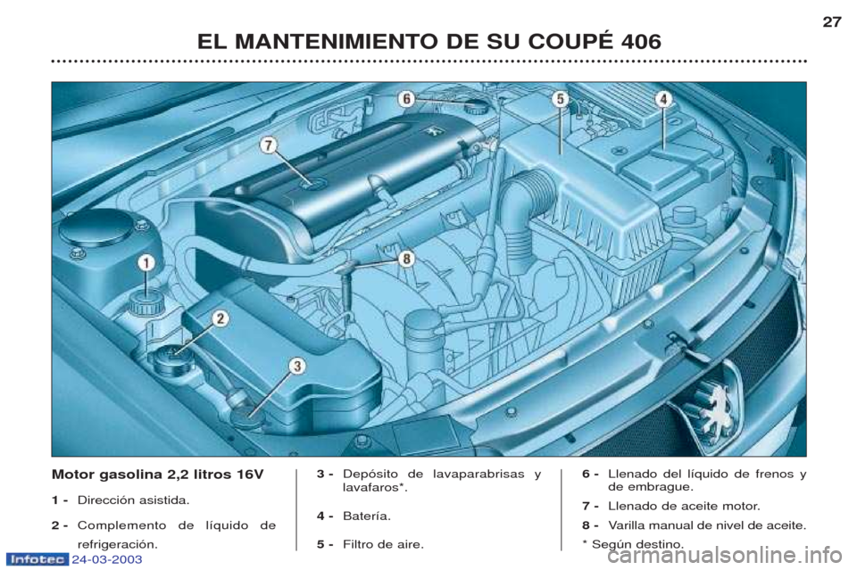Peugeot 406 C 2003  Manual del propietario (in Spanish) 24-03-2003
EL MANTENIMIENTO DE SU COUPÉ 40627
Motor gasolina 2,2 litros 16V 1 -
Direcci—n asistida.
2 - Complemento de l’quido de refrigeraci—n. 3 -
Dep—sito de lavaparabrisas y lavafaros*.
4