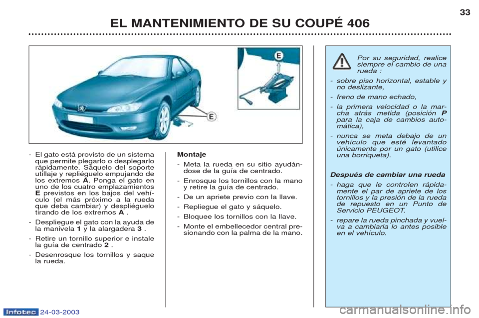 Peugeot 406 C 2003  Manual del propietario (in Spanish) 24-03-2003
-El gato est‡ provisto de un sistema que permite plegarlo o desplegarlor‡pidamente. S‡quelo del soporteutillaje y repliŽguelo empujando delos extremos  A. Ponga el gato en
uno de los