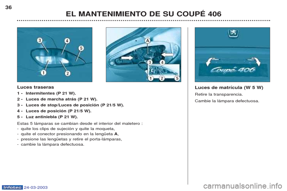 Peugeot 406 C 2003  Manual del propietario (in Spanish) 24-03-2003
EL MANTENIMIENTO DE SU COUPÉ 406
36
Luces de matrícula (W 5 W) Retire la transparencia. Cambie la l‡mpara defectuosa. Luces traseras 
1 - Intermitentes (P 21 W).
2 - Luces de marcha atr