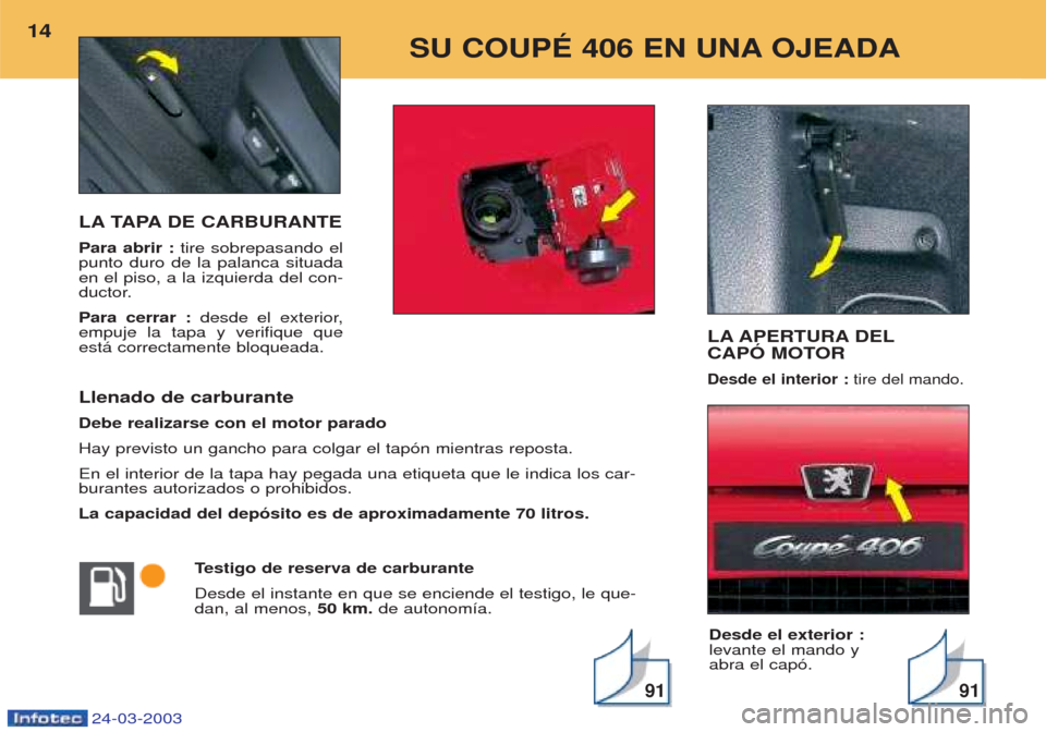 Peugeot 406 C 2003  Manual del propietario (in Spanish) 24-03-2003
LA TAPA DE CARBURANTE Para abrir :tire sobrepasando el
punto duro de la palanca situada en el piso, a la izquierda del con-
ductor. Para cerrar : desde el exterior,
empuje la tapa y verifiq