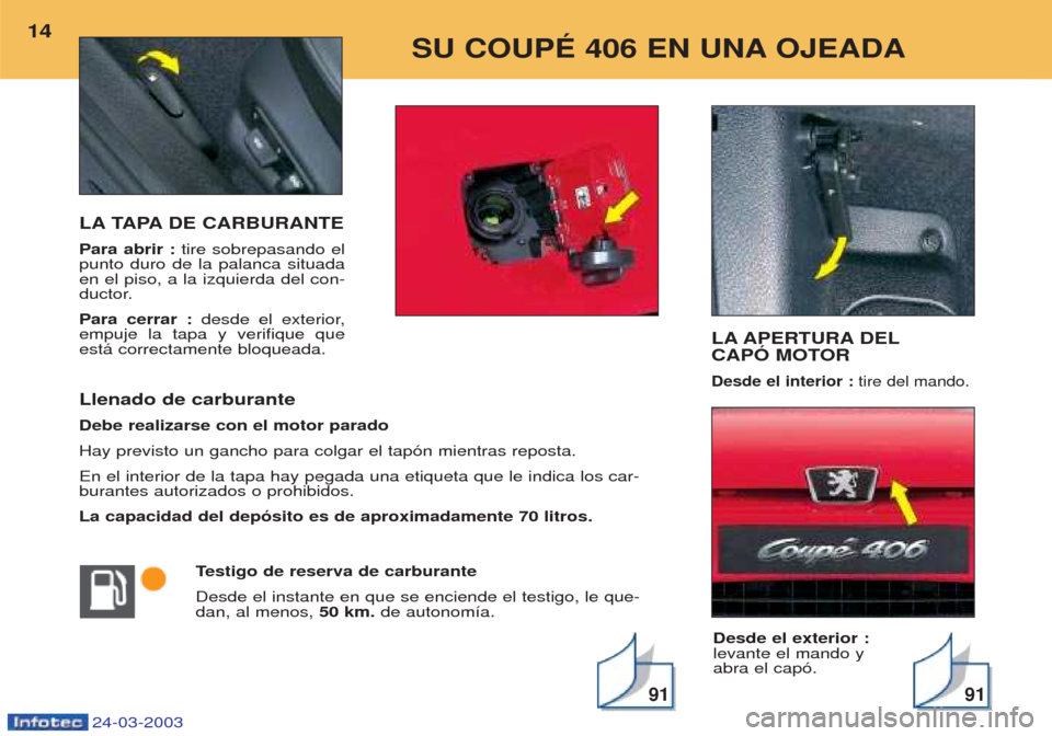 Peugeot 406 C 2003 Manual del propietario (in Spanish) 24-03-2003
LA TAPA DE CARBURANTE Para abrir :tire sobrepasando el
punto duro de la palanca situada en el piso, a la izquierda del con-
ductor. Para cerrar : desde el exterior,
empuje la tapa y verifiq Peugeot 406 C 2003 Manual del propietario (in Spanish) 24-03-2003
LA TAPA DE CARBURANTE Para abrir :tire sobrepasando el
punto duro de la palanca situada en el piso, a la izquierda del con-
ductor. Para cerrar : desde el exterior,
empuje la tapa y verifiq