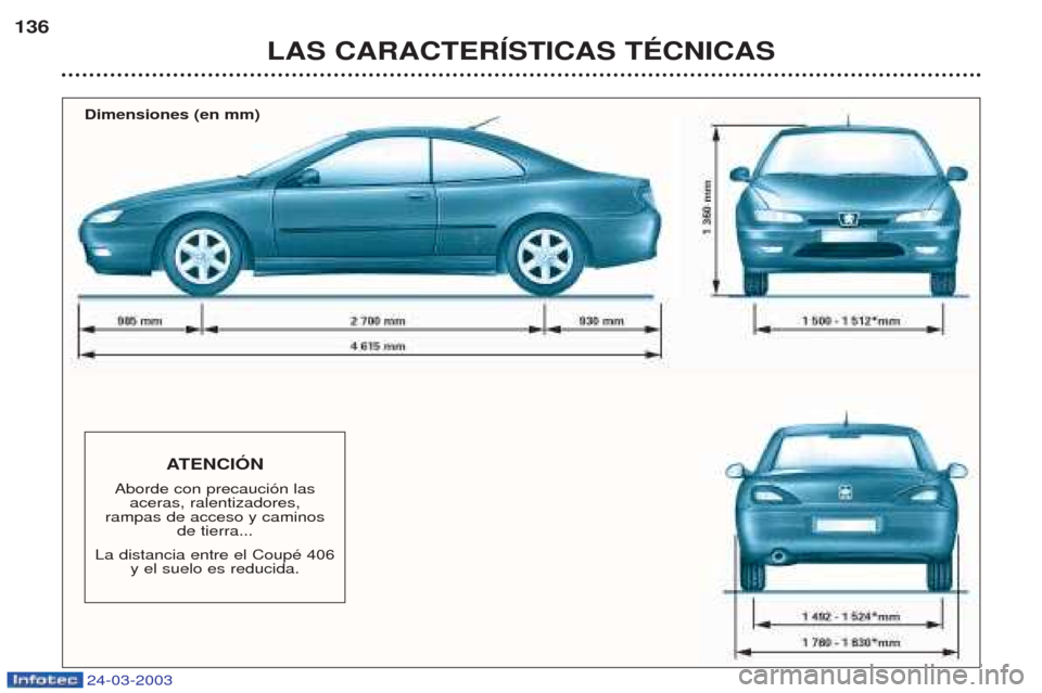 Peugeot 406 C 2003  Manual del propietario (in Spanish) 24-03-2003
LAS CARACTERÍSTICAS TÉCNICAS
136
Dimensiones (en mm)
ATENCIÓN
Aborde con precauci—n las  aceras, ralentizadores, 
rampas de acceso y caminos  de tierra...
La distancia entre el CoupŽ 