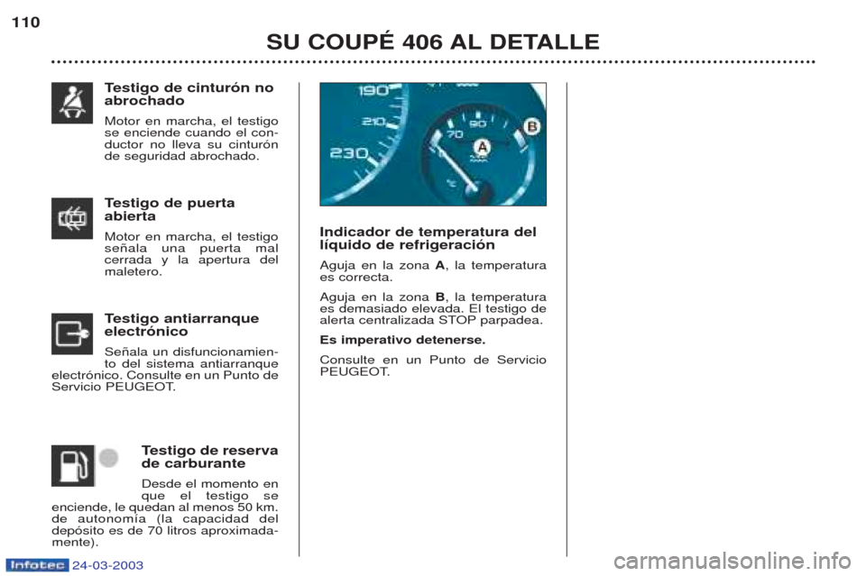 Peugeot 406 C 2003  Manual del propietario (in Spanish) 24-03-2003
Testigo de puerta
abierta
Motor en marcha, el testigo se–ala una puerta mal cerrada y la apertura del
maletero.
T estigo antiarranque
electrónico Se–ala un disfuncionamien- to del sist