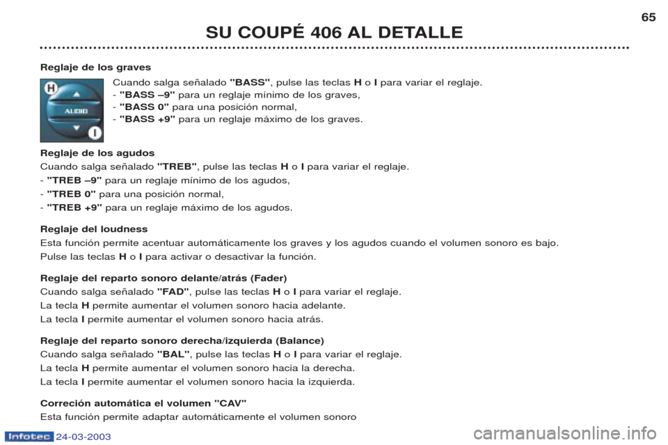 Peugeot 406 C 2003  Manual del propietario (in Spanish) 24-03-2003
SU COUPÉ 406 AL DETALLE65
Reglaje de los graves Cuando salga se–alado  "BASS", pulse las teclas  Ho Ipara variar el reglaje. 
- "BASS –9" para un reglaje m’nimo de los graves,
- "BAS