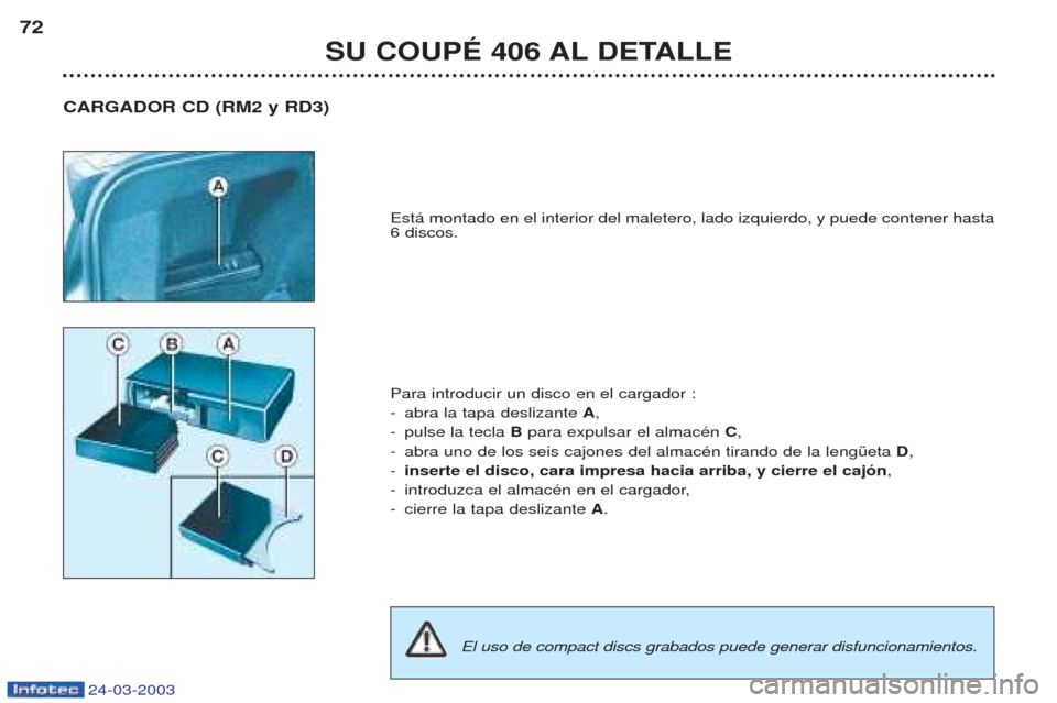 Peugeot 406 C 2003  Manual del propietario (in Spanish) 24-03-2003
SU COUPÉ 406 AL DETALLE
72
Est‡ montado en el interior del maletero, lado izquierdo, y puede contener hasta 6 discos. Para introducir un disco en el cargador : -abra la tapa deslizante  