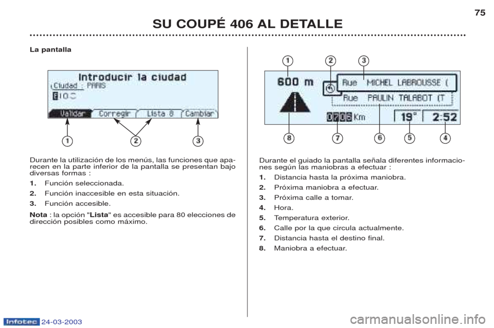 Peugeot 406 C 2003  Manual del propietario (in Spanish) 24-03-2003
La pantalla Durante la utilizaci—n de los menœs, las funciones que apa- recen en la parte inferior de la pantalla se presentan bajodiversas formas : 1.Funci—n seleccionada.
2. Funci—