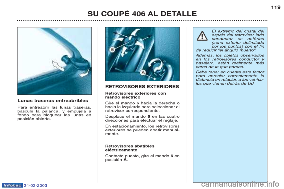 Peugeot 406 C 2003  Manual del propietario (in Spanish) 24-03-2003
El extremo del cristal del espejo del retrovisor ladoconductor es asfŽrico(zona exterior delimitadapor los puntos) con el fin
de reducir "el ‡ngulo muerto". Adem‡s, los objetos observa