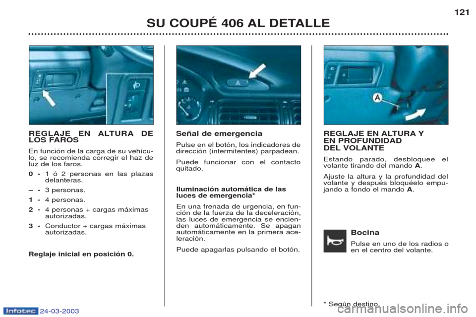 Peugeot 406 C 2003  Manual del propietario (in Spanish) 24-03-2003
Bocina Pulse en uno de los radios o en el centro del volante.
REGLAJE EN ALTURA DE 
LOS FAROS En funci—n de la carga de su veh’cu- lo, se recomienda corregir el haz deluz de los faros.0