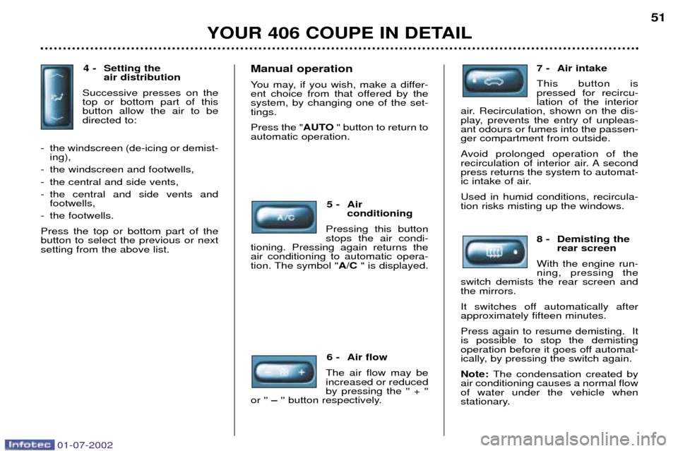 Peugeot 406 C 2002  Owners Manual 4 - Setting the air distribution
Successive presses on the top or bottom part of thisbutton allow the air to bedirected to:
- the windscreen (de-icing or demist- ing),
- the windscreen and footwells, 