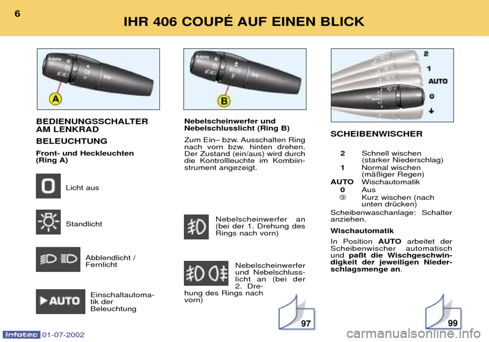 Peugeot 406 C 2002  Betriebsanleitung (in German) Wischautomatik In Position AUTOarbeitet der
Scheibenwischer automatisch und  pa§t die Wischgeschwin-
digkeit der jeweiligen Nieder-schlagsmenge an .
BEDIENUNGSSCHALTER AM LENKRAD BELEUCHTUNGFront- un