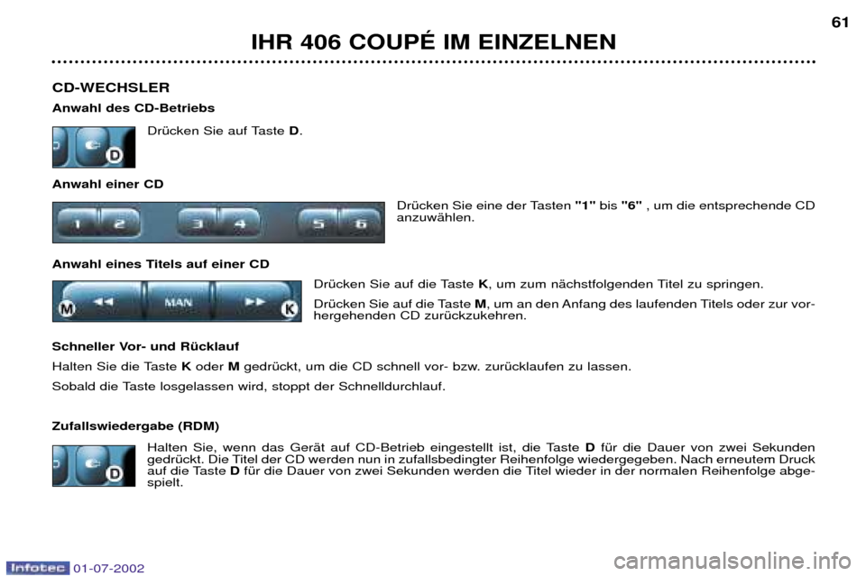 Peugeot 406 C 2002 Betriebsanleitung (in German) CD-WECHSLER Anwahl des CD-BetriebsDrŸcken Sie auf Taste D.
Anwahl einer CD DrŸcken Sie eine der Tasten "1"bis "6" , um die entsprechende CD
anzuwŠhlen.
Anwahl eines Titels auf einer CD DrŸcken S Peugeot 406 C 2002 Betriebsanleitung (in German) CD-WECHSLER Anwahl des CD-BetriebsDrŸcken Sie auf Taste D.
Anwahl einer CD DrŸcken Sie eine der Tasten "1"bis "6" , um die entsprechende CD
anzuwŠhlen.
Anwahl eines Titels auf einer CD DrŸcken S
