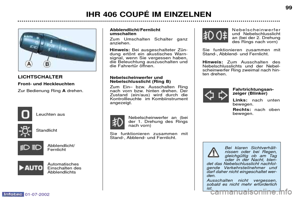 Peugeot 406 C 2002  Betriebsanleitung (in German) Nebelscheinwerfer und Nebelschlusslichtan (bei der 2. Drehungdes Rings nach vorn) 
Sie funktionieren zusammen mit
Stand-, Abblend- und Fernlicht. Hinweis: Zum Ausschalten  des
Nebelschlusslichts und d
