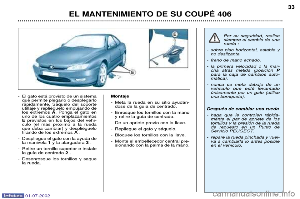 Peugeot 406 C 2002 Manual del propietario (in Spanish) - El gato est‡ provisto de un sistemaque permite plegarlo o desplegarlo r‡pidamente. S‡quelo del soporteutillaje y repliŽguelo empujando delos extremos A. Ponga el gato en
uno de los cuatro em Peugeot 406 C 2002 Manual del propietario (in Spanish) - El gato est‡ provisto de un sistemaque permite plegarlo o desplegarlo r‡pidamente. S‡quelo del soporteutillaje y repliŽguelo empujando delos extremos A. Ponga el gato en
uno de los cuatro em
