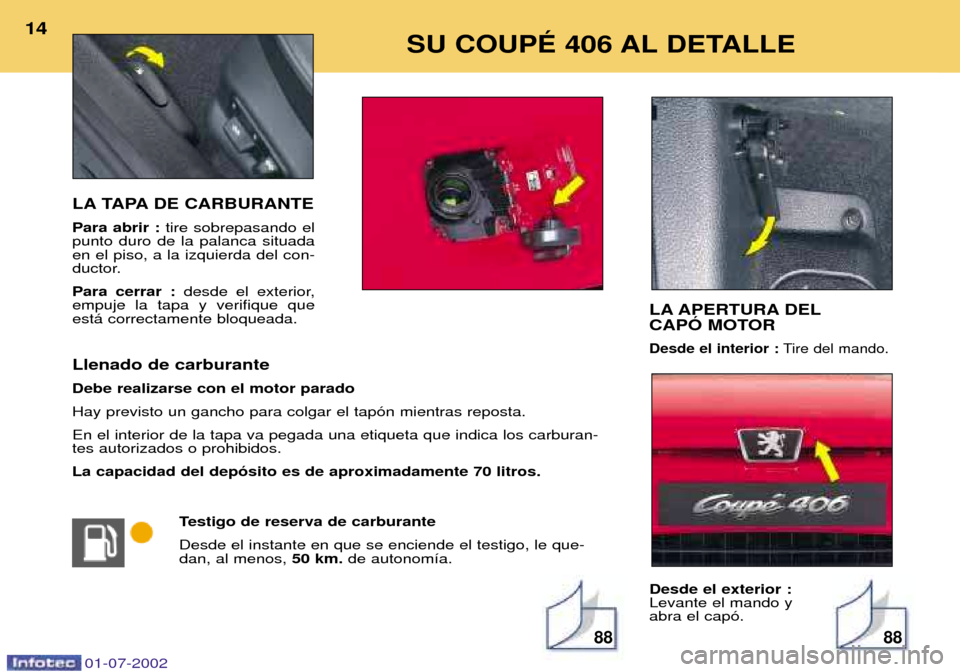 Peugeot 406 C 2002  Manual del propietario (in Spanish) LA TAPA DE CARBURANTE Para abrir :tire sobrepasando el
punto duro de la palanca situada en el piso, a la izquierda del con-
ductor. Para cerrar : desde el exterior,
empuje la tapa y verifique que est
