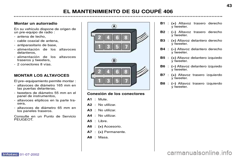 Peugeot 406 C 2002  Manual del propietario (in Spanish) 43
Montar un autorradio En su veh’culo dispone de origen de un pre-equipo de radio :
-antena de techo,
-cable coaxial de antena,
-antiparasitario de base,
-alimentaci—n de los altavoces delanteros