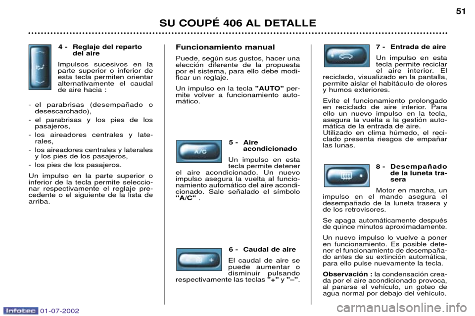 Peugeot 406 C 2002 Manual del propietario (in Spanish) 4 - Reglaje del repartodel aire
Impulsos sucesivos en la parte superior o inferior deesta tecla permiten orientaralternativamente el caudalde aire hacia :
-el parabrisas (desempa–ado o desescarchad Peugeot 406 C 2002 Manual del propietario (in Spanish) 4 - Reglaje del repartodel aire
Impulsos sucesivos en la parte superior o inferior deesta tecla permiten orientaralternativamente el caudalde aire hacia :
-el parabrisas (desempa–ado o desescarchad