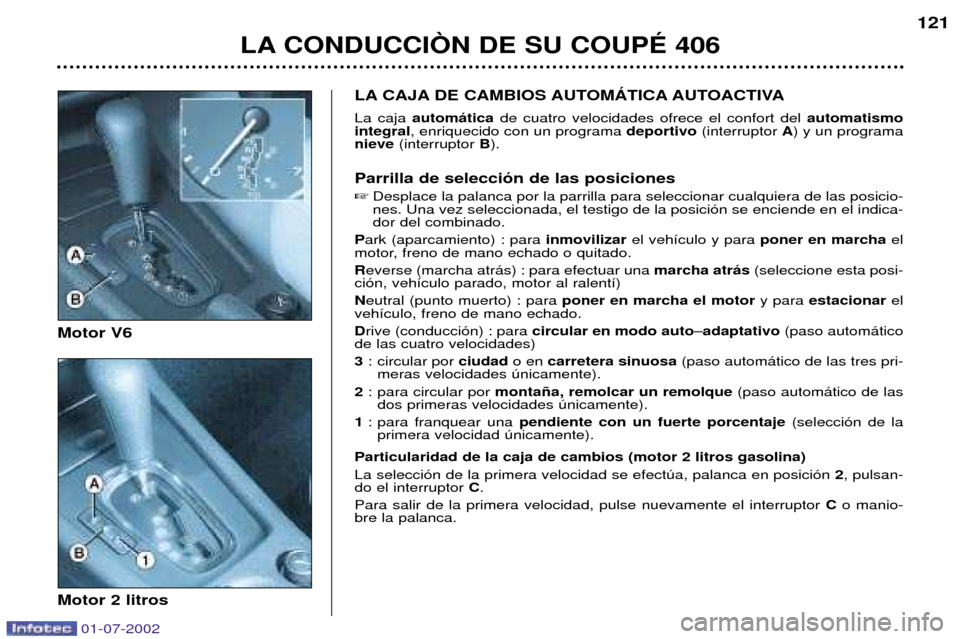 Peugeot 406 C 2002  Manual del propietario (in Spanish) LA CAJA DE CAMBIOS AUTOMçTICA AUTOACTIVA La caja autom‡tica  de cuatro velocidades ofrece el confort del  automatismo
integral , enriquecido con un programa  deportivo(interruptor  A) y un programa