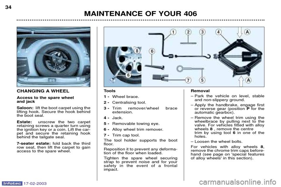 Peugeot 406 Dag 2003 Owners Manual 17-02-2003
MAINTENANCE OF YOUR 406
34
CHANGING A WHEEL Access to the spare wheel and jack Saloon:
lift the boot carpet using the
lifting hook. Secure the hook behind the boot seal. Estate: unscrew Peugeot 406 Dag 2003 Owners Manual 17-02-2003
MAINTENANCE OF YOUR 406
34
CHANGING A WHEEL Access to the spare wheel and jack Saloon:
lift the boot carpet using the
lifting hook. Secure the hook behind the boot seal. Estate: unscrew