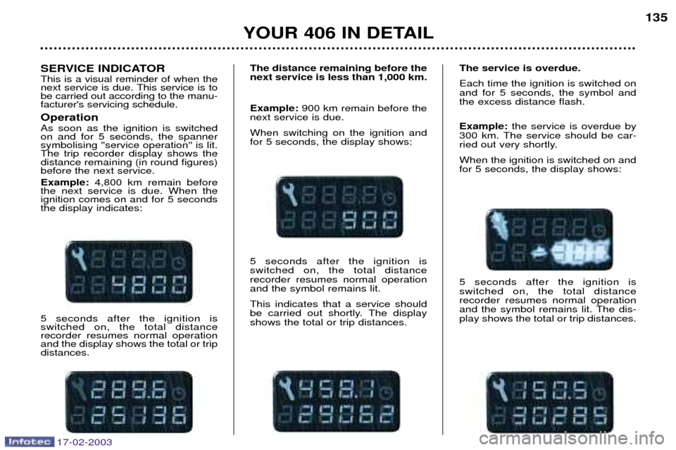 Peugeot 406 Dag 2003 User Guide SERVICE INDICATOR This is a visual reminder of when the 
next service is due. This service is tobe carried out according to the manu-facturers servicing schedule. Operation As soon as the ignition is