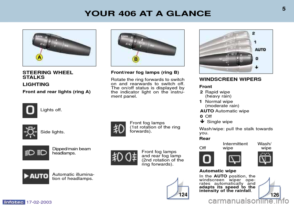 Peugeot 406 Dag 2003  Owners Manual Automatic wipe In the AUTO position, the
windscreen wiper ope- rates automatically andadapts its speed to theintensity of the rainfall .
Front/rear fog lamps (ring B) Rotate the ring forwards to switc