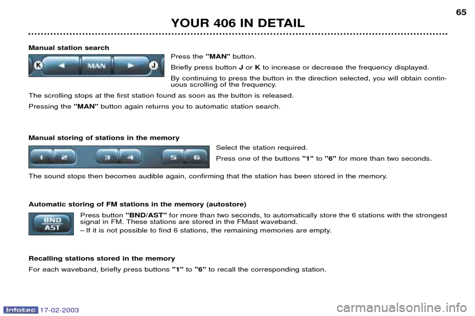 Peugeot 406 Dag 2003 Service Manual 17-02-2003
YOUR 406 IN DETAIL65
Manual station search Press the "MAN"button.
Briefly press button Jor Kto increase or decrease the frequency displayed.
By continuing to press the button in the direc Peugeot 406 Dag 2003 Service Manual 17-02-2003
YOUR 406 IN DETAIL65
Manual station search Press the "MAN"button.
Briefly press button Jor Kto increase or decrease the frequency displayed.
By continuing to press the button in the direc