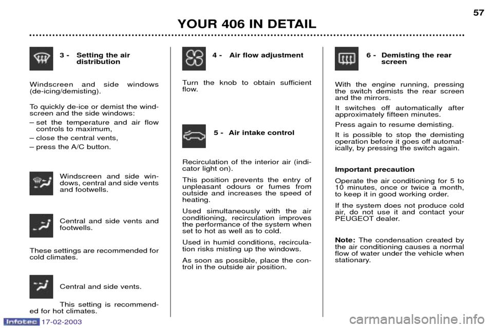 Peugeot 406 Dag 2003  Owners Manual 17-02-2003
3 - Setting the air distribution
Windscreen and side windows  (de-icing/demisting). 
To quickly de-ice or demist the wind- screen and the side windows: 
Ð set the temperature and air flow 