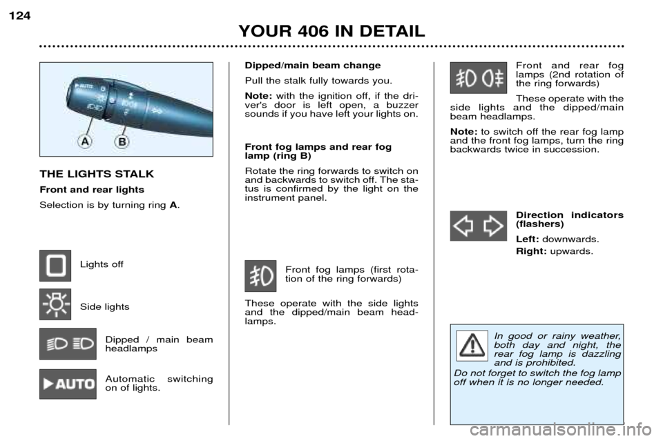 Peugeot 406 Dag 2002 Owners Manual Front and rear fog lamps (2nd rotation ofthe ring forwards) These operate with the
side lights and the dipped/main beam headlamps. Note: to switch off the rear fog lamp
and the front fog lamps, turn Peugeot 406 Dag 2002 Owners Manual Front and rear fog lamps (2nd rotation ofthe ring forwards) These operate with the
side lights and the dipped/main beam headlamps. Note: to switch off the rear fog lamp
and the front fog lamps, turn