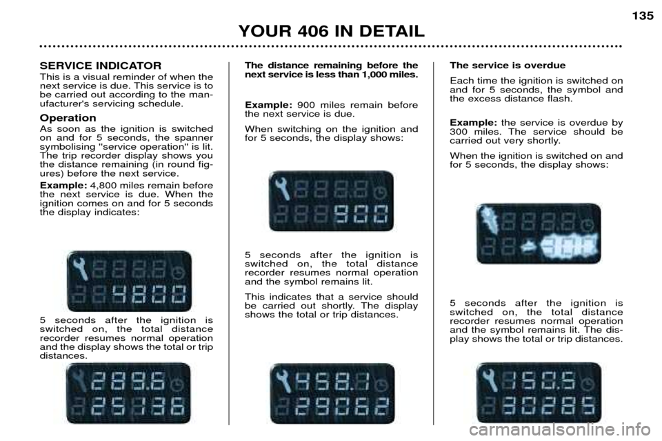 Peugeot 406 Dag 2002  Owners Manual SERVICE INDICATOR This is a visual reminder of when the 
next service is due. This service is tobe carried out according to the man-ufacturers servicing schedule. Operation As soon as the ignition is