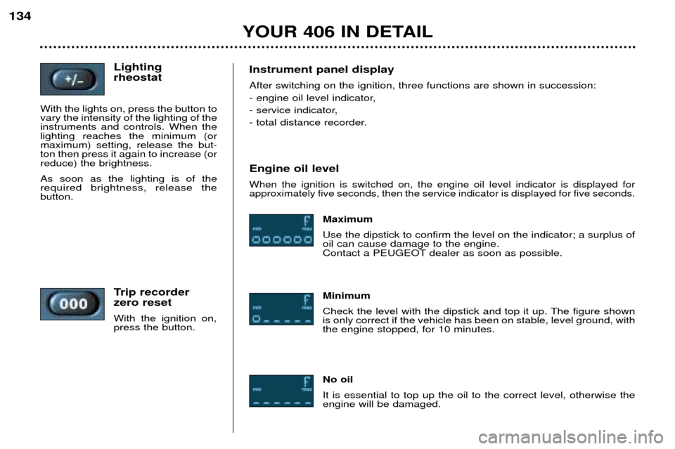 Peugeot 406 Dag 2002  Owners Manual Lighting  rheostat
With the lights on, press the button to vary the intensity of the lighting of theinstruments and controls. When thelighting reaches the minimum (ormaximum) setting, release the but-