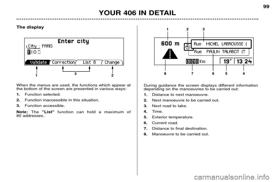 Peugeot 406 Dag 2002 Repair Manual The display When the menus are used, the functions which appear at the bottom of the screen are presented in various ways: 1. Function selected.
2. Function inaccessible in this situation.
3. Functi Peugeot 406 Dag 2002 Repair Manual The display When the menus are used, the functions which appear at the bottom of the screen are presented in various ways: 1. Function selected.
2. Function inaccessible in this situation.
3. Functi