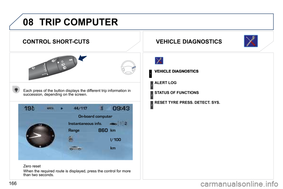 Peugeot 407 C 2010.5  Owners Manual 166
08TRIP COMPUTER
  CONTROL SHORT-CUTS 
� � �E�a�c�h� �p�r�e�s�s� �o�f� �t�h�e� �b�u�t�t�o�n� �d�i�s�p�l�a�y�s� �t�h�e� �d�i�f�f�e�r�e�n�t� �t�r�i�p� �i�n�f�o�r�m�a�t�i�o�n� �i�n� �s�u�c�c�e�s�s�i�o