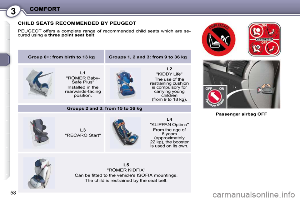 Peugeot 407 C 2010.5  Owners Manual 3
58
   Passenger airbag OFF   
 CHILD SEATS RECOMMENDED BY PEUGEOT 
� �P�E�U�G�E�O�T�  �o�f�f�e�r�s�  �a�  �c�o�m�p�l�e�t�e�  �r�a�n�g�e�  �o�f�  �r�e�c�o�m�m�e�n�d�e�d�  �c�h�i�l�d�  �s�e�a�t�s�  �w