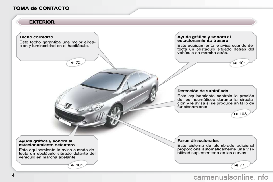Peugeot 407 C 2010.5  Manual del propietario (in Spanish)   Techo corredizo  
 Este  techo  garantiza  una  mejor  airea- 
ción y luminosidad en el habitáculo. 
� � �A�y�u�d�a� �g�r�á�ﬁ� �c�a� �y� �s�o�n�o�r�a� �a�l� 
�e�s�t�a�c�i�o�n�a�m�i�e�n�t�o� �d�