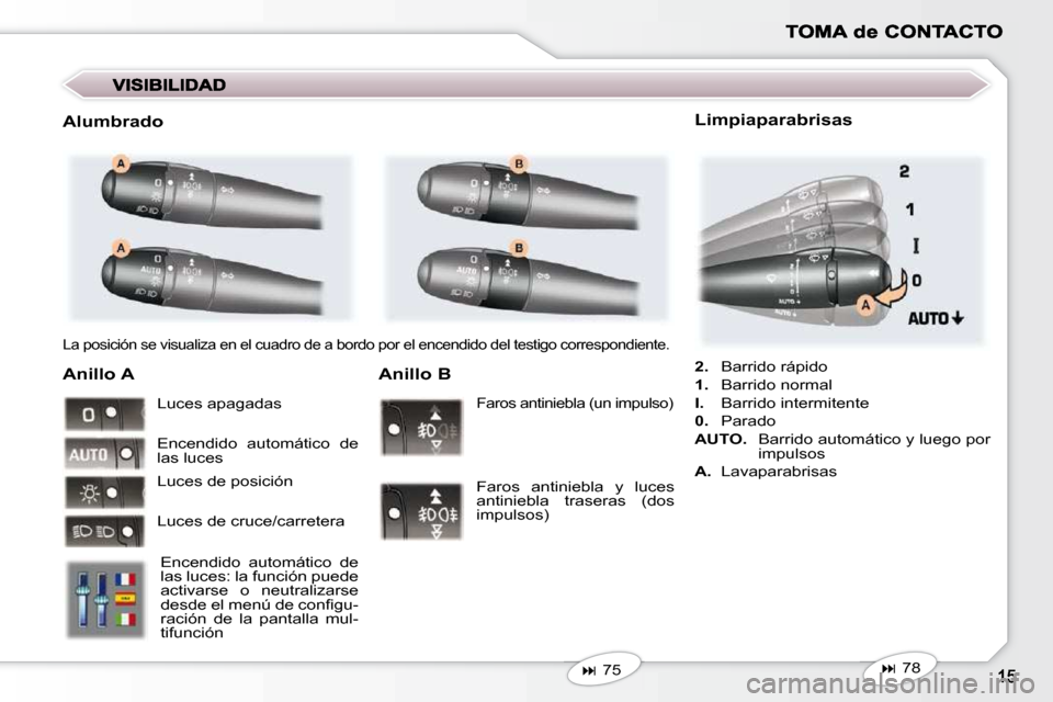 Peugeot 407 C 2010.5  Manual del propietario (in Spanish)  La posición se visualiza en el cuadro de a bordo por el encendido del testigo correspondiente.  
� � �A�n�i�l�l�o� �A� 
 Encendido  automático  de  
las luces: la función puede 
activarse  o  neut