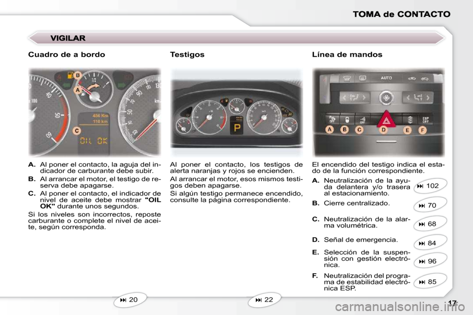 Peugeot 407 C 2010.5  Manual del propietario (in Spanish)    
�   20     Al  poner  el  contacto,  los  testigos  de  
alerta naranjas y rojos se encienden.  
 Al arrancar el motor, esos mismos testi- 
gos deben apagarse.  
 Si algún testigo permanece en
