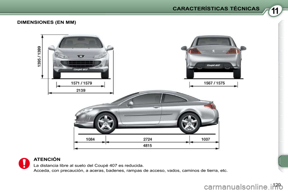 Peugeot 407 C 2010.5  Manual del propietario (in Spanish) 11
129
CARACTERÍSTICAS TÉCNICAS
 DIMENSIONES (EN MM) 
  ATENCIÓN 
 La distancia libre al suelo del Coupé 407 es reducida.  
 Acceda, con precaución, a aceras, badenes, rampas de acceso, vados, ca