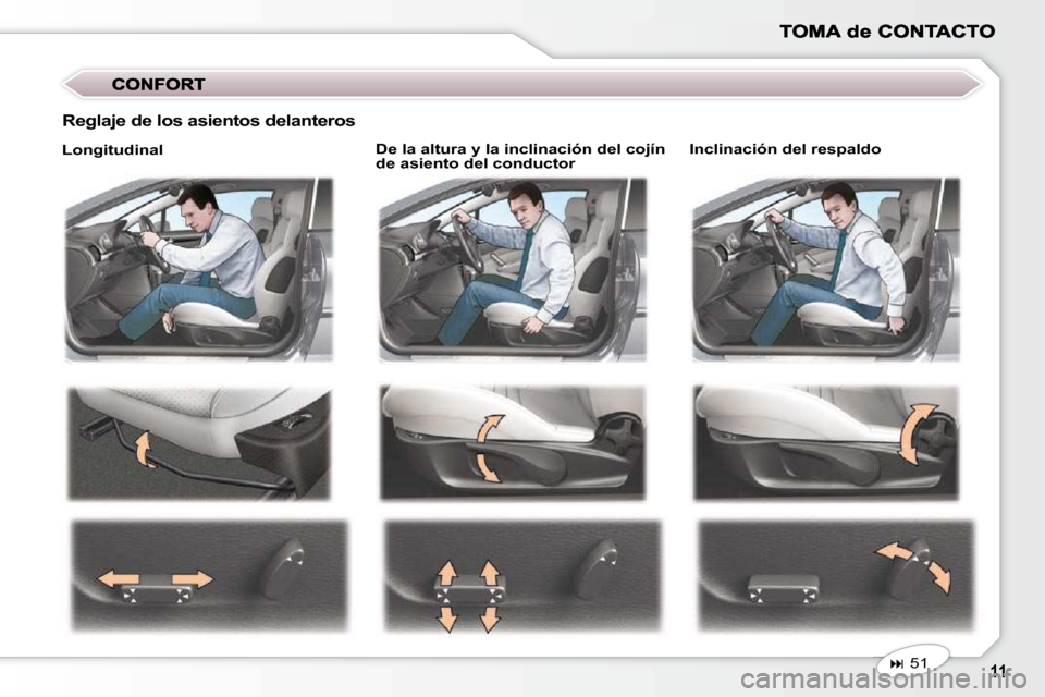 Peugeot 407 C 2010.5  Manual del propietario (in Spanish) � � �D�e� �l�a� �a�l�t�u�r�a� �y� �l�a� �i�n�c�l�i�n�a�c�i�ó�n� �d�e�l� �c�o�j�í�n�  
�d�e� �a�s�i�e�n�t�o� �d�e�l� �c�o�n�d�u�c�t�o�r� � � � �I�n�c�l�i�n�a�c�i�ó�n� �d�e�l� �r�e�s�p�a�l�d�o� 
� � 