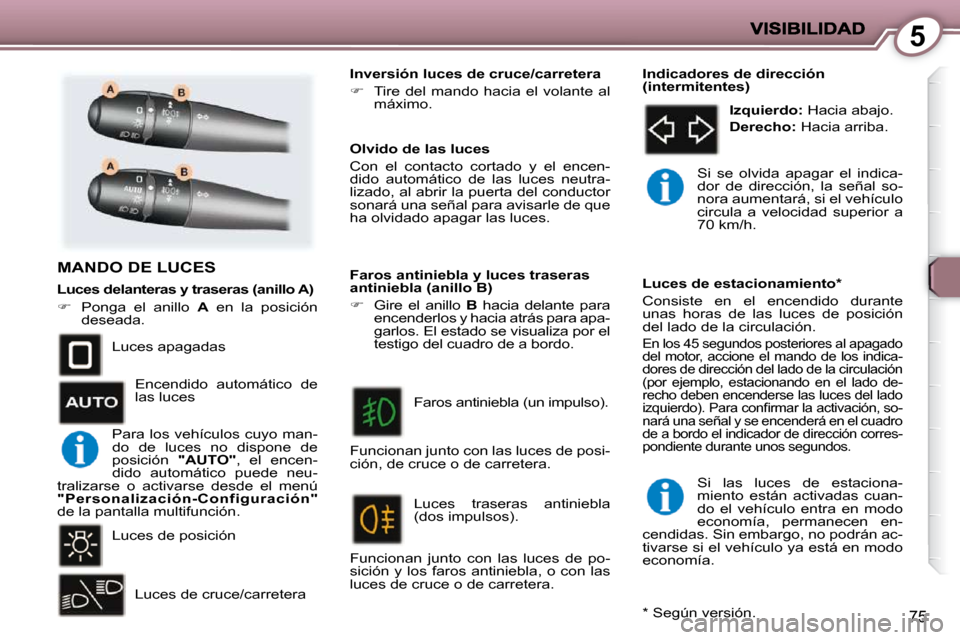 Peugeot 407 C 2010.5 Manual del propietario (in Spanish) 5
75
MANDO DE LUCES
Luces apagadas
Luces de posición Luces de cruce/carretera Olvido de las luces
Con el contacto cortado y el encen-
dido automático de las luces neutra-
Peugeot 407 C 2010.5 Manual del propietario (in Spanish) 5
75
MANDO DE LUCES
Luces apagadas
Luces de posición Luces de cruce/carretera Olvido de las luces
Con el contacto cortado y el encen-
dido automático de las luces neutra-