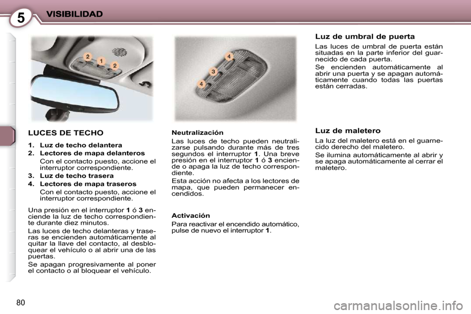 Peugeot 407 C 2010.5 Manual del propietario (in Spanish) 5
80
LUCES DE TECHO
1. Luz de techo delantera
2. Lectores de mapa delanteros
Con el contacto puesto, accione el interruptor correspondiente.
3. Luz de techo trasera Peugeot 407 C 2010.5 Manual del propietario (in Spanish) 5
80
LUCES DE TECHO
1. Luz de techo delantera
2. Lectores de mapa delanteros
Con el contacto puesto, accione el interruptor correspondiente.
3. Luz de techo trasera