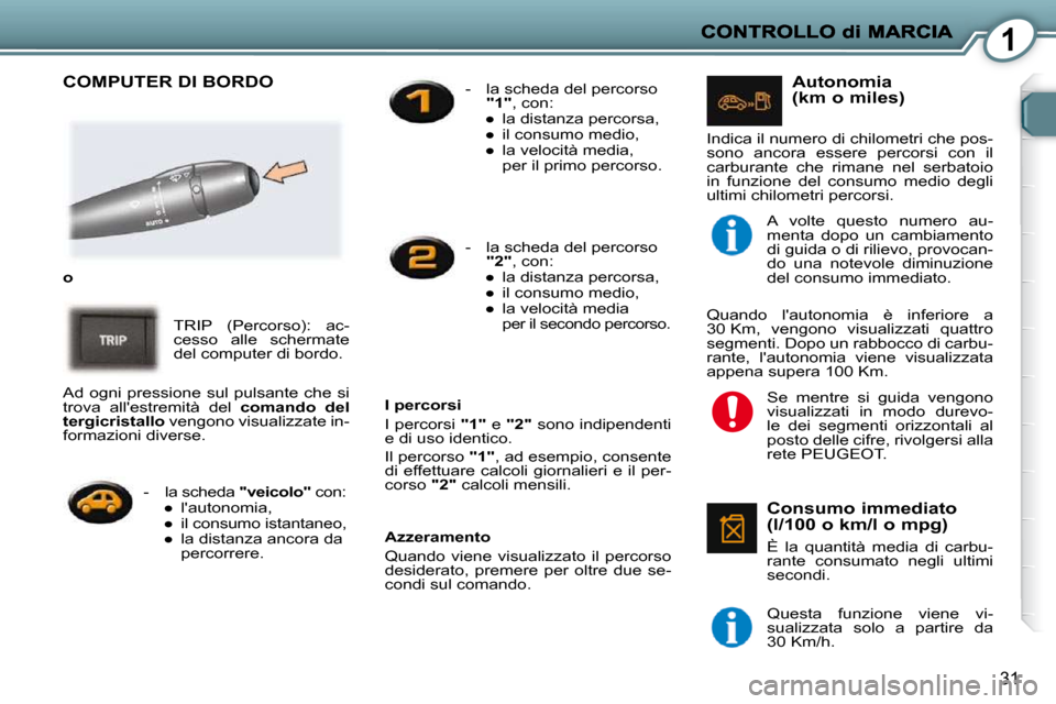 Peugeot 407 C 2009 Manuale del proprietario (in Italian) 1
31
COMPUTER DI BORDO
o
TRIP (Percorso): ac-
cesso alle schermate
del computer di bordo.
Azzeramento
Quando viene visualizzato il percorso
desiderato, premere per oltr Peugeot 407 C 2009 Manuale del proprietario (in Italian) 1
31
COMPUTER DI BORDO
o
TRIP (Percorso): ac-
cesso alle schermate
del computer di bordo.
Azzeramento
Quando viene visualizzato il percorso
desiderato, premere per oltr