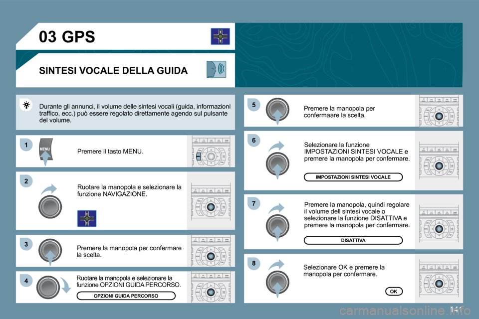 Peugeot 407 C 2009  Manuale del proprietario (in Italian) 141
�0�3
�6�6
�8�8
�7�7
�5�5
�1�1
�2�2
�3�3
�4�4
� � � � � � � �G�P�S� 
� � �S�I�N�T�E�S�I� �V�O�C�A�L�E� �D�E�L�L�A� �G�U�I�D�A� 
� �P�r�e�m�e�r�e� �l�a� �m�a�n�o�p�o�l�a� �p�e�r� �c�o�n�f�e�r�m�a�a�