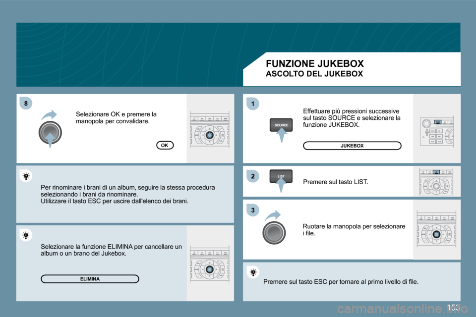 Peugeot 407 C 2009  Manuale del proprietario (in Italian) 153
�8�8
�2
�3�3
�1�1
ELIMINA
OK
� �E�f�f�e�t�t�u�a�r�e� �p�i�ù� �p�r�e�s�s�i�o�n�i� �s�u�c�c�e�s�s�i�v�e� �s�u�l� �t�a�s�t�o� �S�O�U�R�C�E� �e� �s�e�l�e�z�i�o�n�a�r�e� �l�a� �f�u�n�z�i�o�n�e� �J�U�K