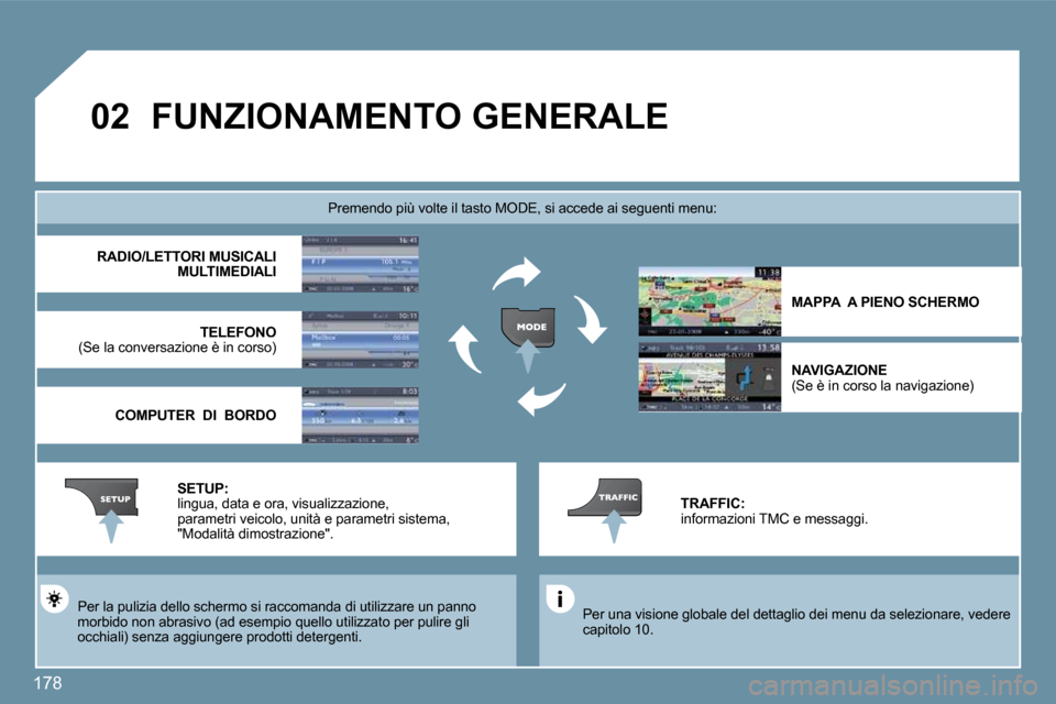 Peugeot 407 C 2009  Manuale del proprietario (in Italian) 178
�0�2       FUNZIONAMENTO GENERALE 
 Per una visione globale del dettaglio dei menu da selezionare, vedere capitolo 10.  
  Premendo più volte il tasto MODE, si accede ai se guenti menu: 
 Per la 