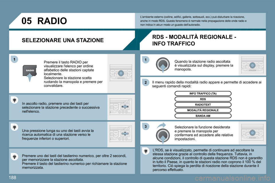 Peugeot 407 C 2009  Manuale del proprietario (in Italian) 188
�0�5
�1
�2
�3
  SELEZIONARE UNA STAZIONE 
 Quando la stazione radio ascoltata è visualizzata sul display, premere la manopola. 
 Il menu rapido della modalità radio appare e permette diette di a