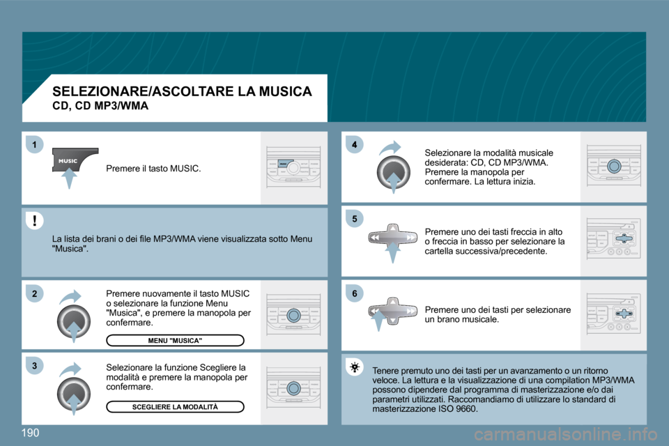 Peugeot 407 C 2009  Manuale del proprietario (in Italian) 190
�1
�2
�3
�6
�5
  SELEZIONARE/ASCOLTARE LA MUSICA  
�C�D�,� �C�D� �M�P�3�/�W�M�A� 
 Tenere premuto uno dei tasti per un avanzamento o un ro un ritorno veloce.   La lettura e la visualizzazione di u