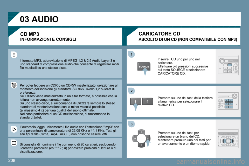 Peugeot 407 C 2009  Manuale del proprietario (in Italian) �2�0�8
�0�3
�1�1
�2�2
�3�3
� �I�l� �f�o�r�m�a�t�o� �M�P�3�,� �a�b�b�r�e�v�i�a�z�i�o�n�e� �d�i� �M�P�E�G� �1�,�2� �&� �2�.�5� �A�u�d�i�o� �L�a�y�e�r� �3� �è� �u�n�o� �s�t�a�n�d�a�r�d� �d�i� �c�o�m�p�r