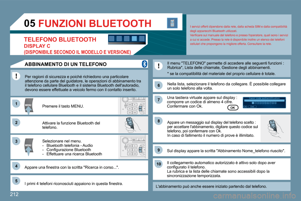 Peugeot 407 C 2009  Manuale del proprietario (in Italian) �2�1�2
11
66
22
77
44
99
55
1010
33
88
05
Saisir code authentification01OKDel23456789_
       FUNZIONI BLUETOOTH 
 Per ragioni di sicurezza e poiché richiedono una particolare attenzione da parte del