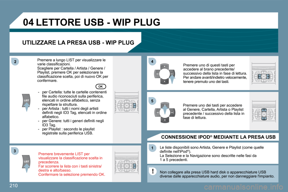 Peugeot 407 C 2009  Manuale del proprietario (in Italian) �2�1�0
33
04
44
11
55
22
 LETTORE USB - WIP PLUG 
  UTILIZZARE LA PRESA USB - WIP PLUG 
  Premere brevemente LIST per  
�v�i�s�u�a�l�i�z�z�a�r�e� �l�a� �c�l�a�s�s�i�ﬁ� �c�a�z�i�o�n�e� �s�c�e�l�t�a� 