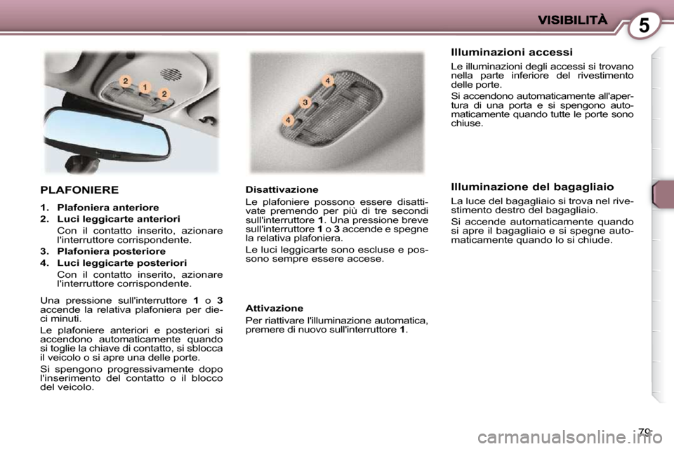 Peugeot 407 C 2009  Manuale del proprietario (in Italian) 5
79
 PLAFONIERE 
   
1.     Plafoniera anteriore   
  
2.     Luci leggicarte anteriori     
  Con  il  contatto  inserito,  azionare  linterruttore corrispondente. 
  
3.     Plafoniera posteriore 
